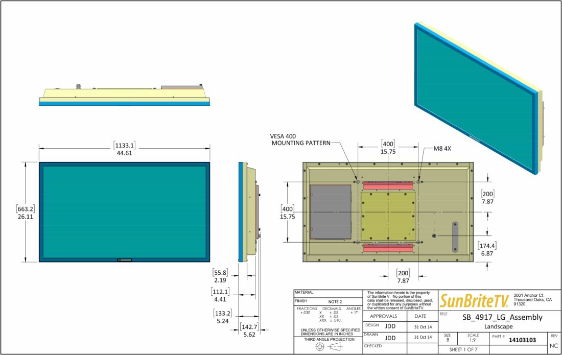 49" SunBriteTV Pro Series Full Sun 1080p Outdoor TV Diagram
