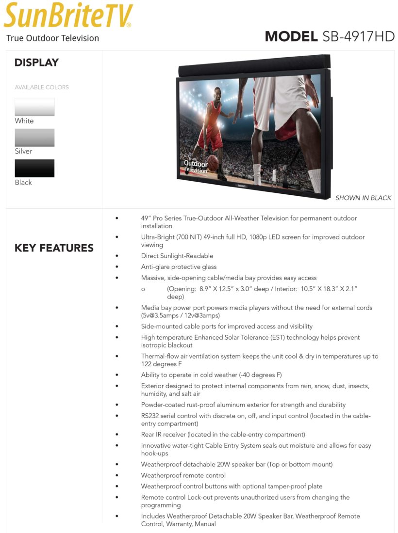 49" SunBriteTV Pro Series Full Sun 1080p Outdoor TV Specs