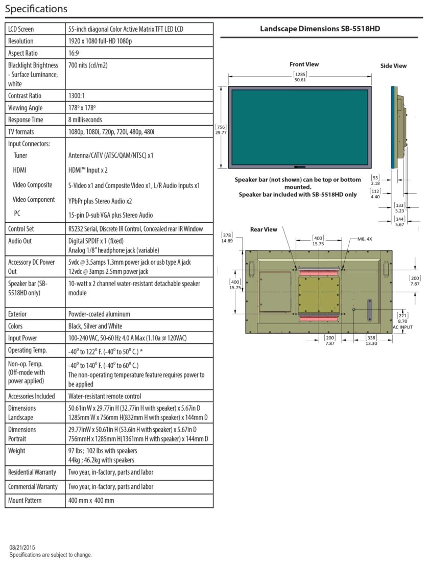 55" SunBriteTV Pro Series Full Sun 1080p Outdoor TV Diagram