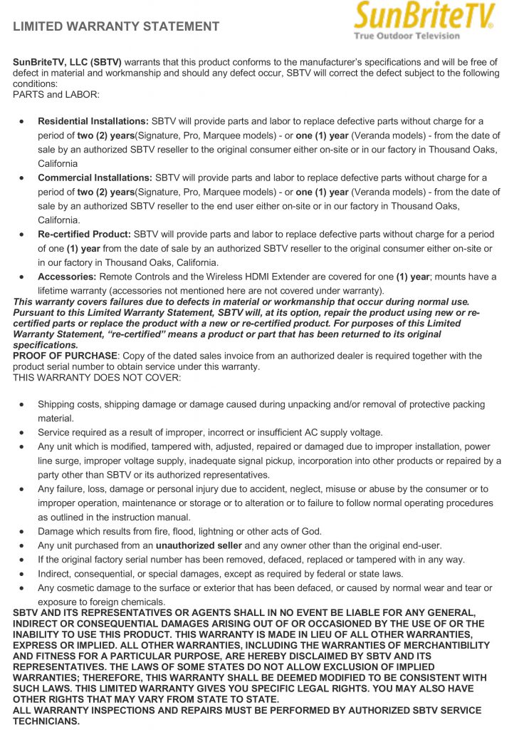SunBriteTV Warranty
