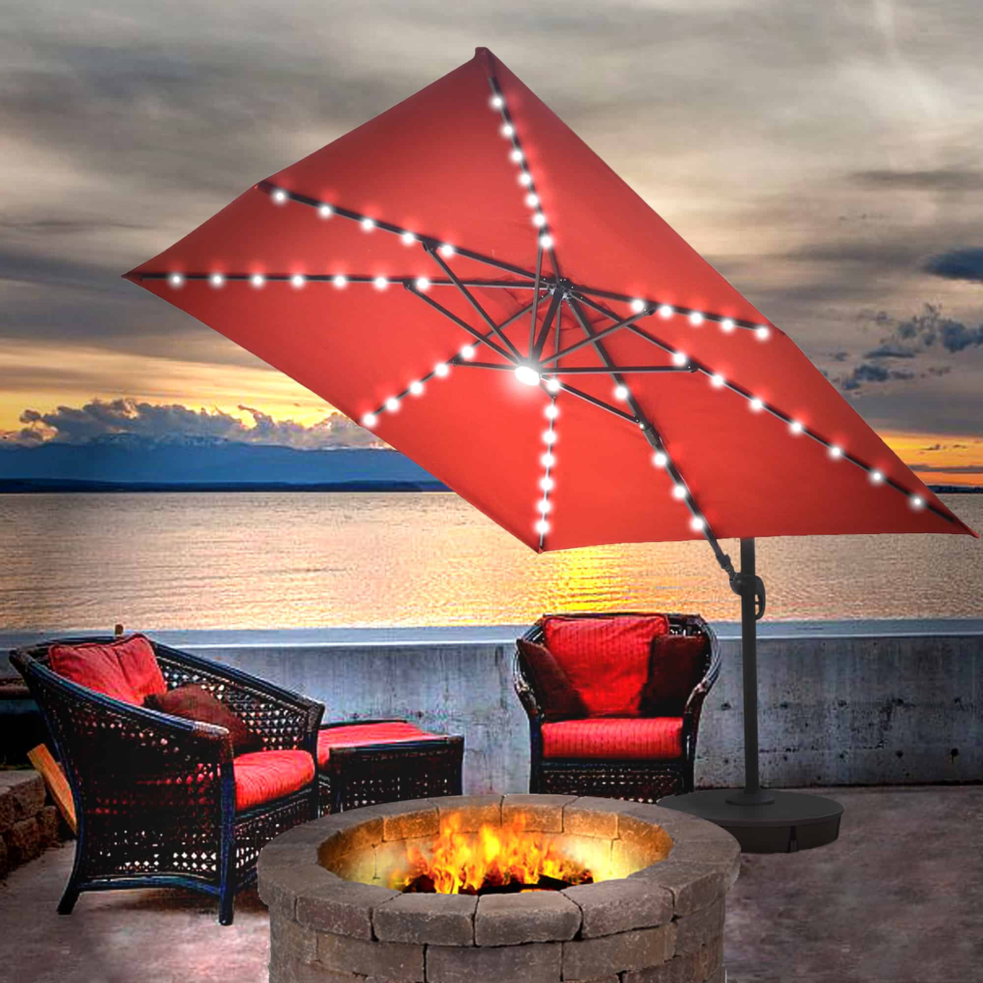 Santorini II Fiesta 10-ft Square Cantilever Solar LED Umbrella in Sunbrella Acrylic