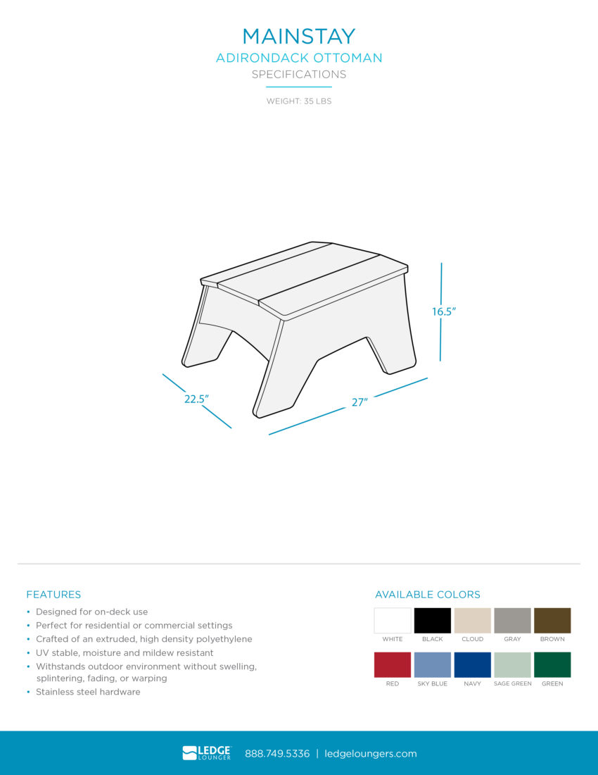Ledge Lounger Mainstay Adirondack Ottoman Spec Sheet
