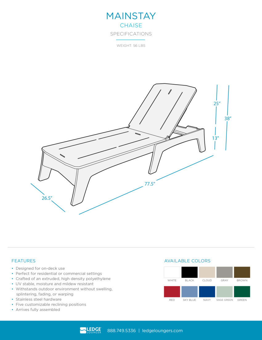 Ledge Lounger Mainstay Chaise Spec Sheet