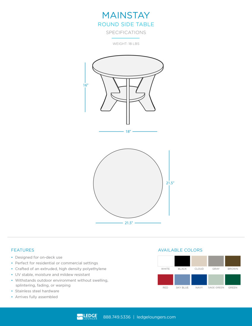 Ledge Lounger Mainstay Round Side Table Spec Sheet
