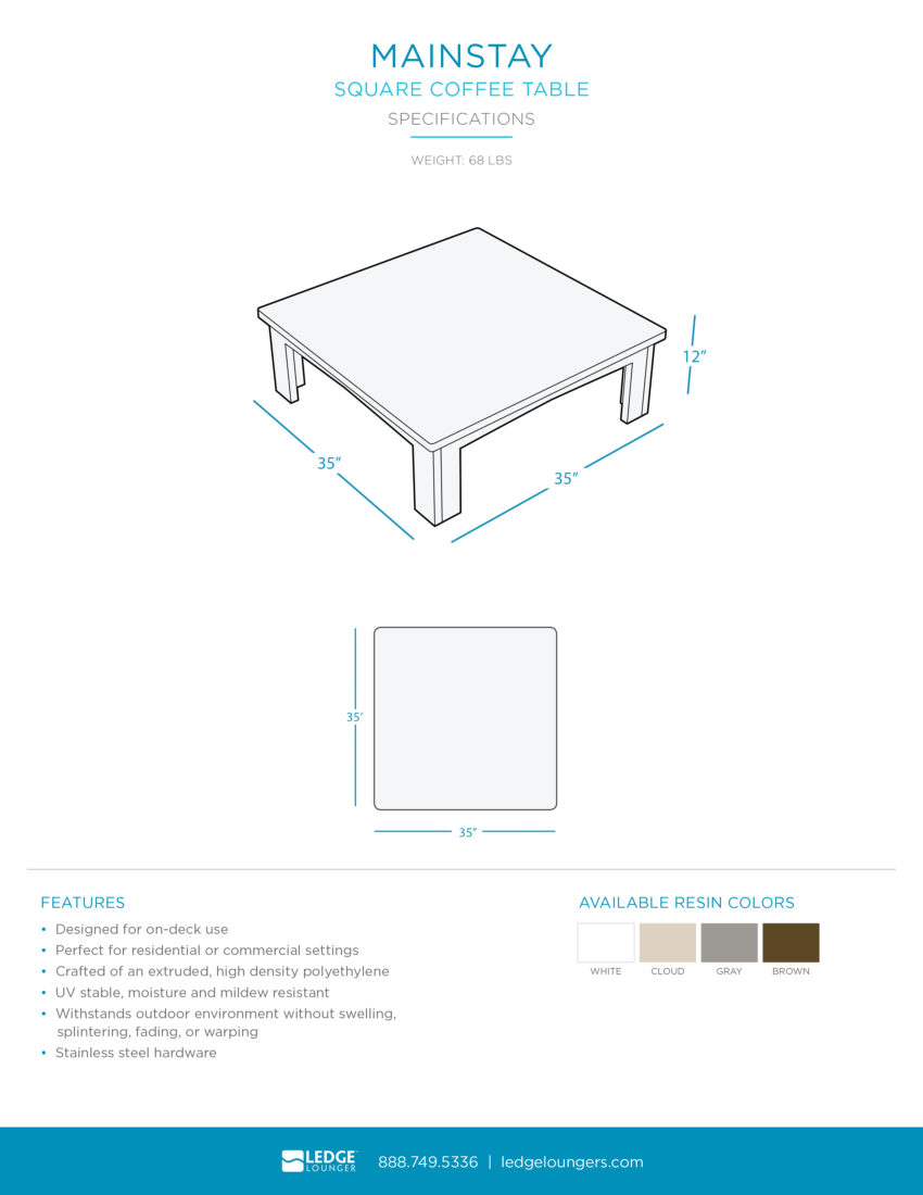 Ledge Lounger Mainstay Square Coffee Table Spec Sheet