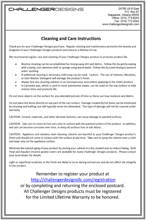 Challenger Designs Cleaning & Care Instructions