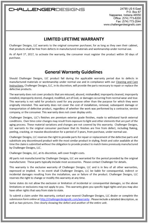 Challenger Designs Warranty Policy