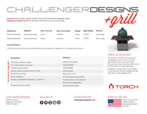Challenger Torch 24" or 30" Ceramic Grill Cart Spec Sheet