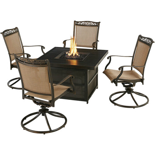 4 Sling Swivel Rockers 38 Square Slat Top Fire Pit Tan Bronze