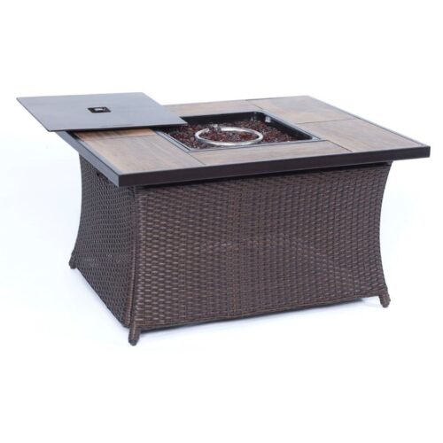 Hanover Woven Coffe Table Fire Pit with Wood Grain1