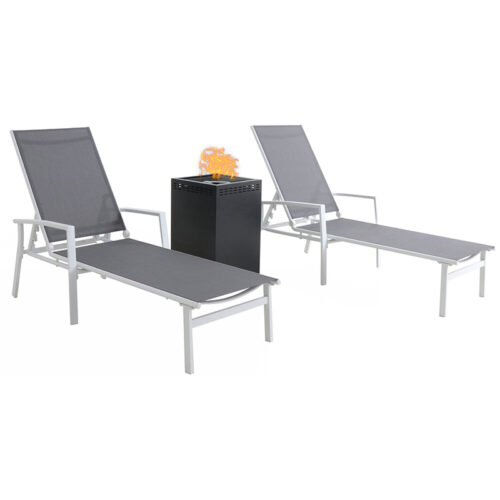 Harper 3 Piece Chaise Set: 2 Alum Chaise Lounges and Glass Top Fire Pit