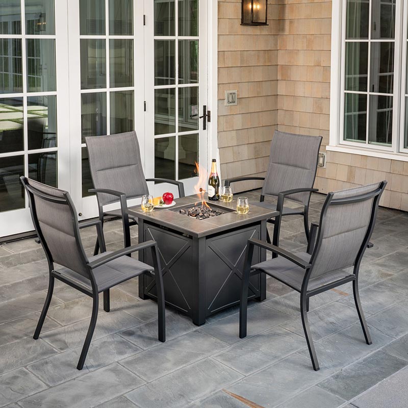 Naples 5 Piece Fire Pit Set 4 High Back Padded Chairs and Tile Top Fire Pit Gray