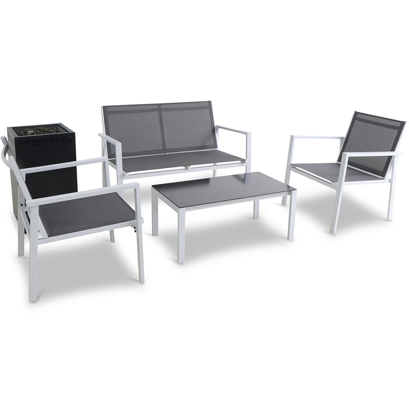 Naples 5 Piece Fire Pit Set Loveseat 2 Sling Chairs Coffee Table Glass Fire Pit Gray