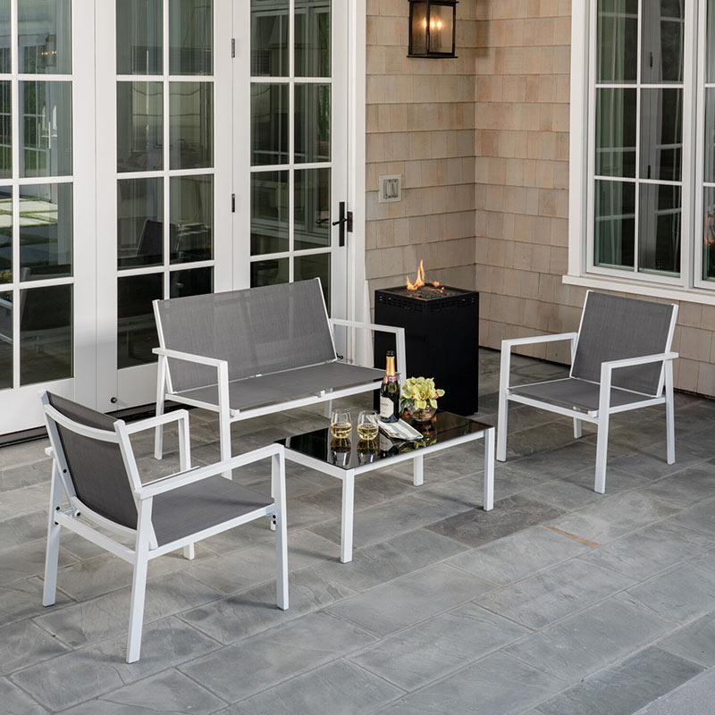 Naples 5 Piece Fire Pit Set Loveseat 2 Sling Chairs Coffee Table Glass Fire Pit Gray