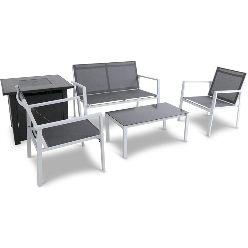 Naples 5 Piece Fire Pit Set Loveseat 2 Sling Chairs Coffee Table Tile Fire Pit Gray