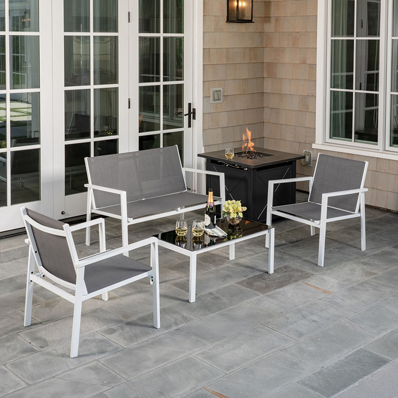 Naples 5 Piece Fire Pit Set-Loveseat-2-Sling-Chairs-Coffee Table Tile Fire Pit Gray