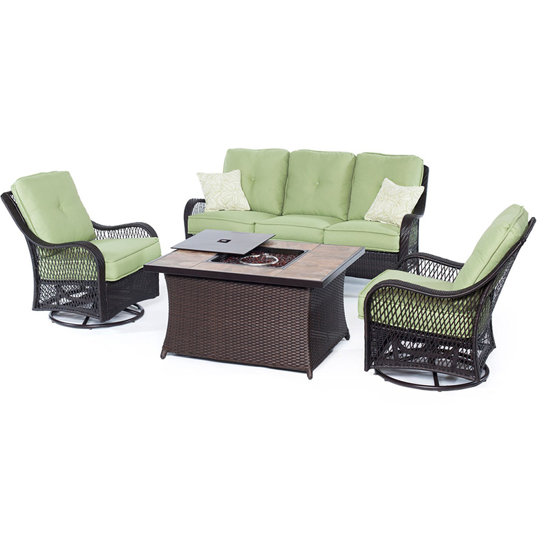 Orleans 4 Piece Fire Pit Seating Set 2 Swivel Gliders Sofa Fire Pit Coffee Table with Porcelain Tile Brown-Green