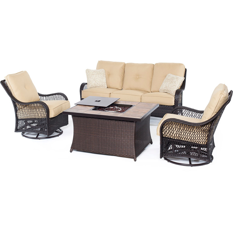Orleans 4 Piece Fire Pit Seating Set 2 Swivel Gliders Sofa Fire Pit Coffee Table with Porcelain Tile Brown/Tan