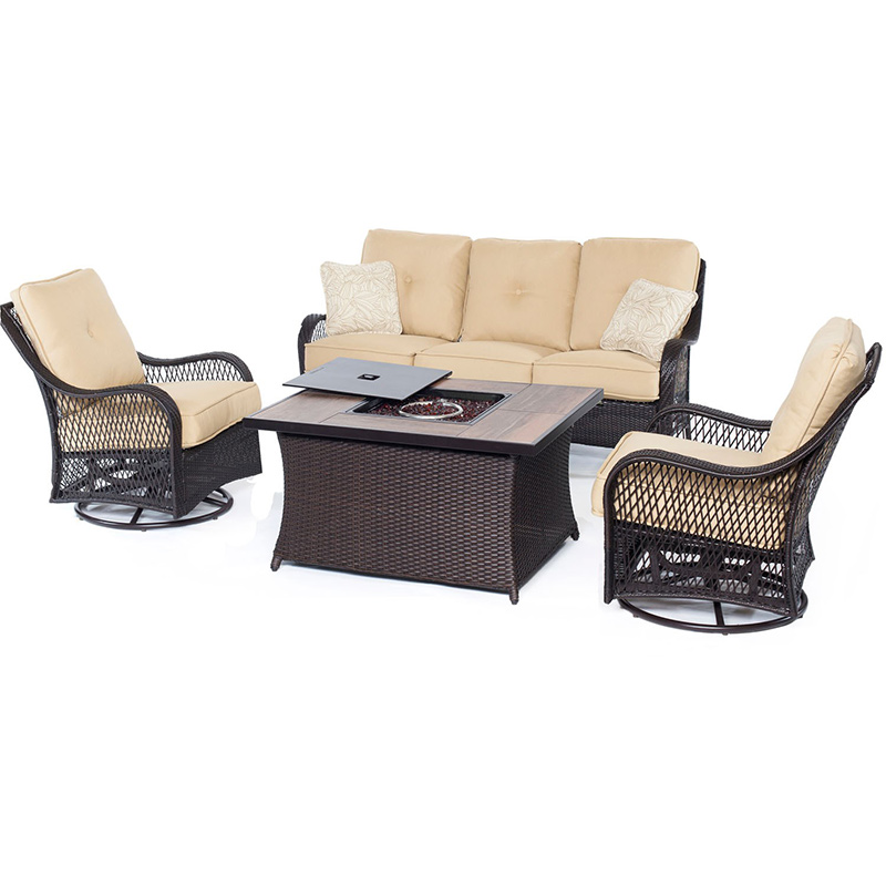 Orleans 4 Piece Fire Pit Seating Set 2 Swivel Gliders Sofa Fire Pit Coffee Table with Wood Grain Tile Brown/Tan
