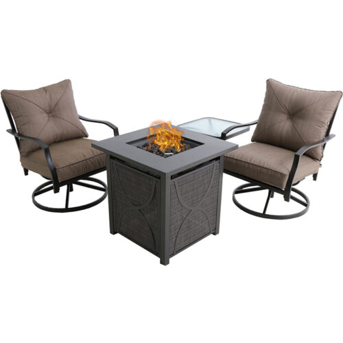 Palm Bay 4 Piece Fire Pit 2 Swivel Rockers Glass Side Table and Steel Fire Pit