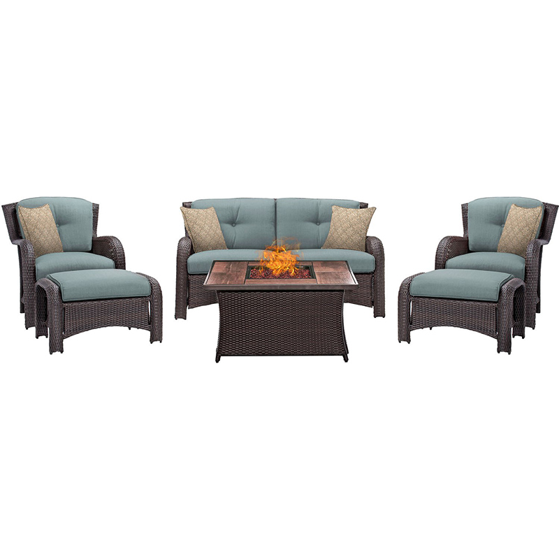 Strathmere 6 piece Fire Pit Set with Wood Grain Tile Top Ocean Blue/Brown