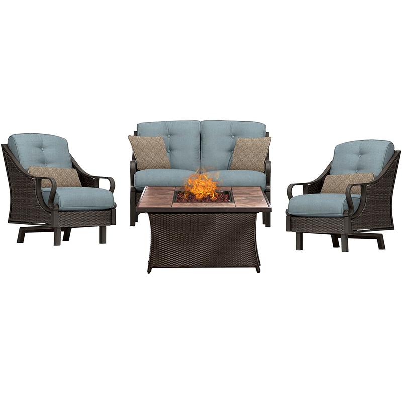 Ventura 4 piece Fire Pit Set with Tan Tile Top Brown/Blue