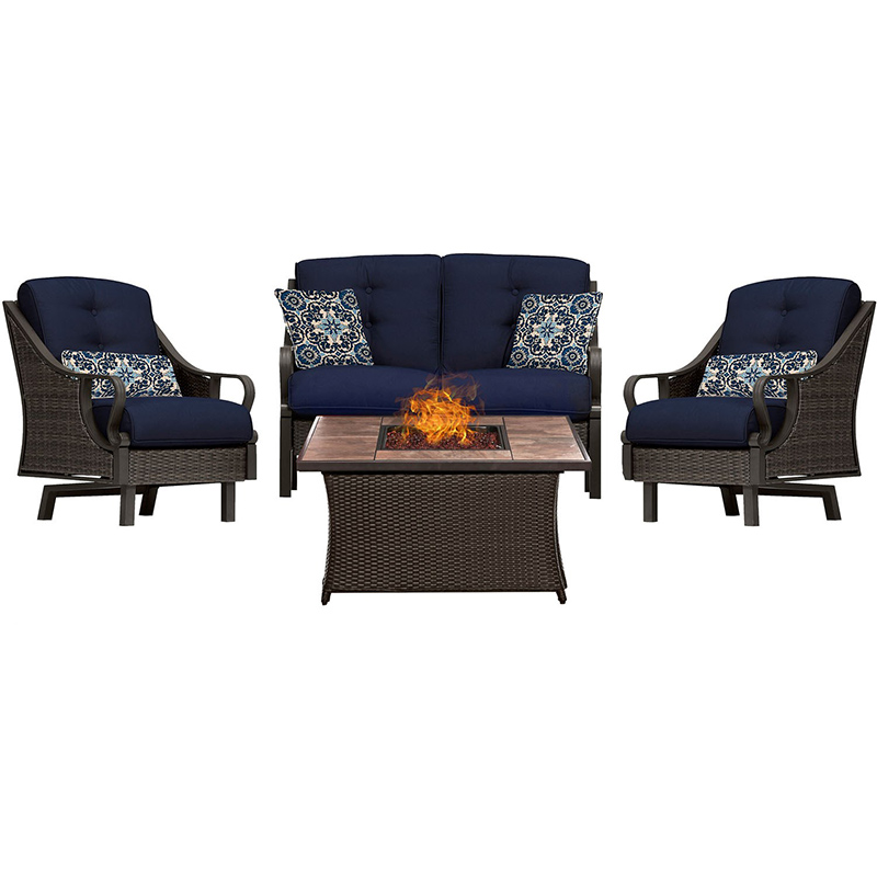 Ventura 4 piece Fire Pit Set with Tan Tile Top Brown/Navy