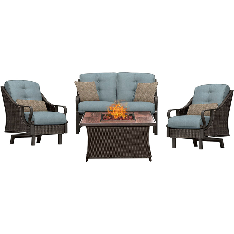 Ventura 4 piece Fire Pit Set with Wood Grain Tile Top Brown/Blue