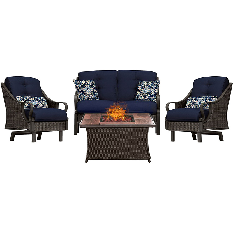 Ventura 4 piece Fire Pit Set with Wood Grain Tile Top Brown/Navy