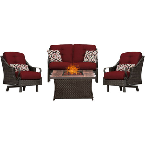 Ventura 4 piece Fire Pit Set with Wood Grain Tile Top Brown/Red