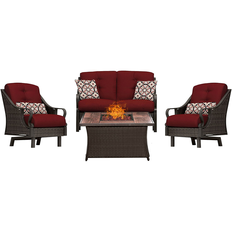 Ventura 4 piece Fire Pit Set with Wood Grain Tile Top Brown/Red