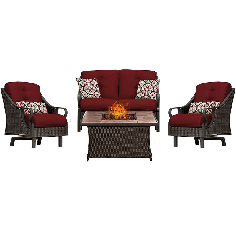 Ventura 4 piece Fire Pit Set with Wood Tan Tile Top Brown/Red