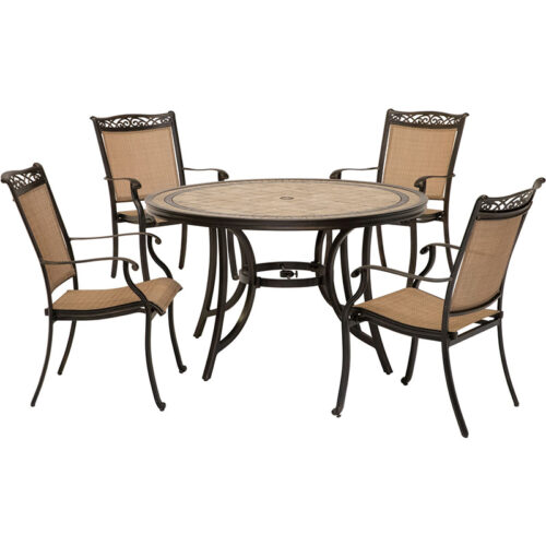 Fontana 5 Piece Dining Set: 4 Tan Sling Dining Chairs and 51" Round Tile Top Table