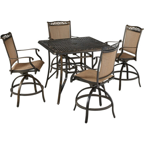Fontana 5 Piece High Dining Set: 4 Counter Height Swivel Sling Chairs, 42" Square Cast Table - Tan/Bronze