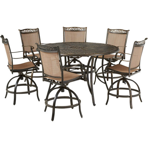 Fontana 7 Piece High Dining Set: 6 Counter Height Swivel Sling Chairs, 56" Round Cast Table - Tan/Bronze