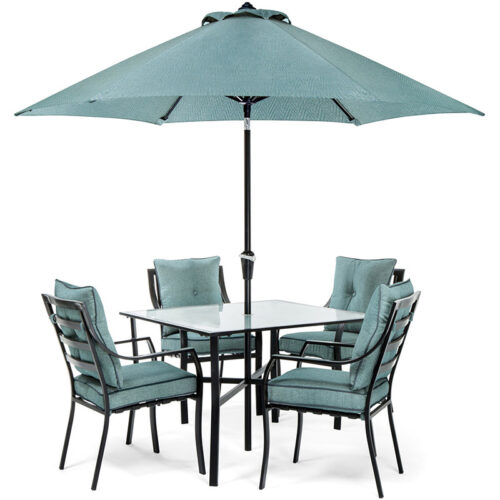 Lavallette 5 Piece Dining Set: 4 Ocean Blue Chairs and 1 Square Table with Umbrella & Base