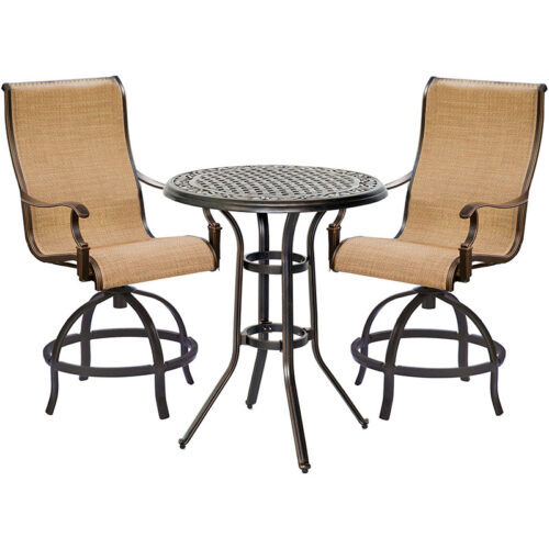 Manor 3 Piece Lounge Set: 2 Sling Counter Height Swivel Chairs, 30" Round Cast Table - Tan Sling/Cast