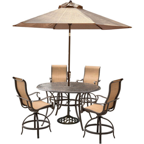 Manor 5 Piece Dining Set: 4 Tan Sling Counter Height Swivel Chairs with 56" Round Cast Table with Umbrella and Base