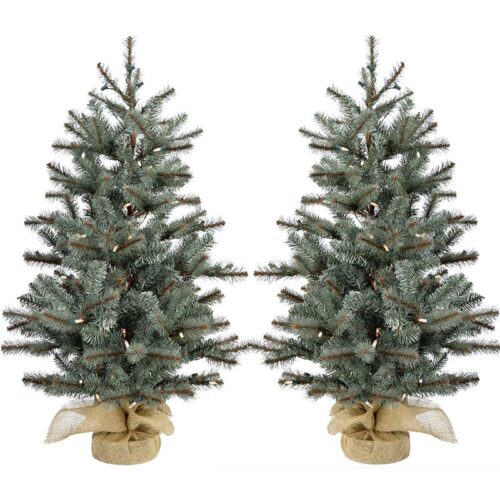 Christmas Time 3' Yardville Pine Christmas Tree in Burlap Bag - Battery Operated LED Lights Set