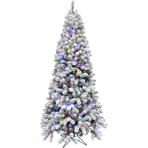 Fraser Hill Farm Snowy 10' Alaskan Flocked Christmas Tree with 8F Multi-colored LED, EZ Connect & Remote