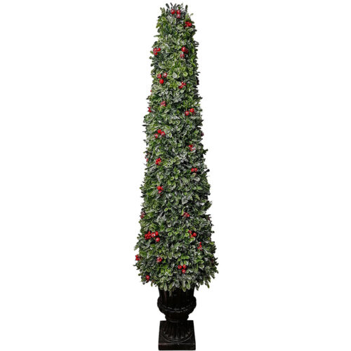 Fraser Hill Farm 4' Potted Faux Boxwood Christmas Tree with Red Berries
