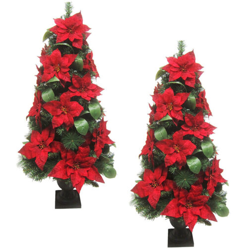 Fraser Hill Farm 4' Potted Red Velvet Poinsettia Christmas Tree Set