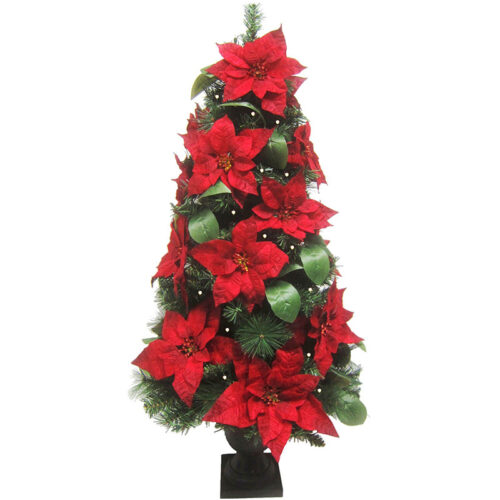 Fraser Hill Farm 4' Potted Red Velvet Poinsettia Christmas Tree with Ultra LED Lights