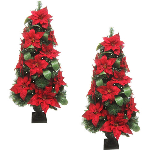 Fraser Hill Farm 4' Potted Red Velvet Poinsettia Christmas Tree with Ultra LED Lights Set