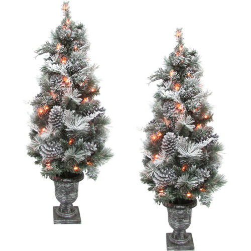 Fraser Hill Farm 4' Potted Snowy Mixed Pine Christmas Tree - Battery Operated Ultra LED Lights Set