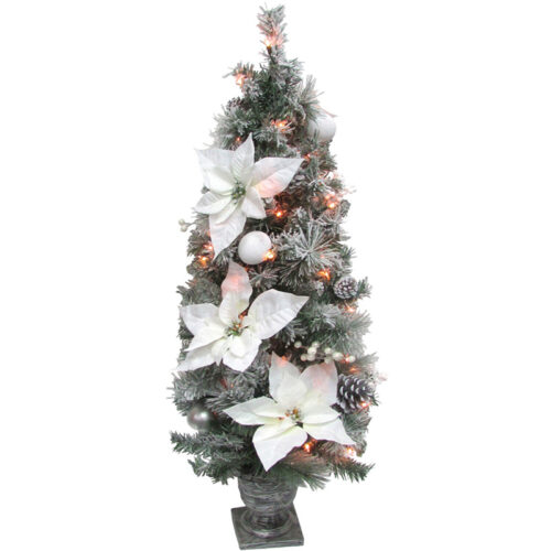 Fraser Hill Farm 4' Potted White Velvet Poinsettia Christmas Tree with LED Lights