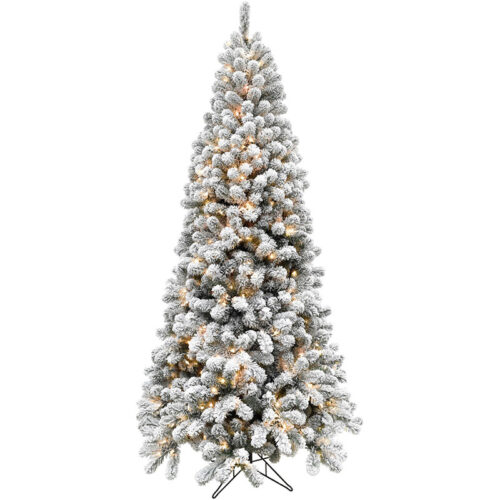 Fraser Hill Farm Snowy 7.5' Alaskan Flocked Christmas Tree with 8F Clear LED & EZ Connect