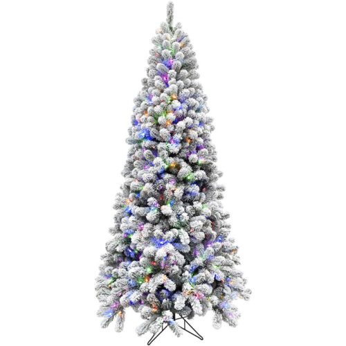 Fraser Hill Farm Snowy 7.5' Alaskan Flocked Christmas Tree with 8F Multi-colored LED Light & EZ Connect