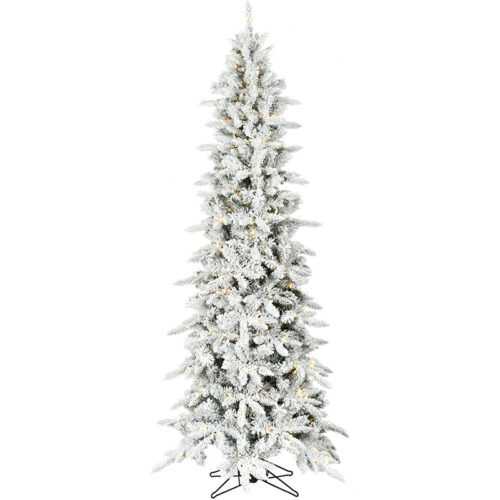 Fraser Hill Farm Snowy 7.5' Slim Mountain Pine Flocked Christmas Tree - 8F Warm White LED Light, Remote, EZ Connect