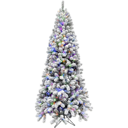 Fraser Hill Farm Snowy 9' Alaskan Flocked Christmas Tree with 8F Multi-colored LED, EZ Connect & Remote